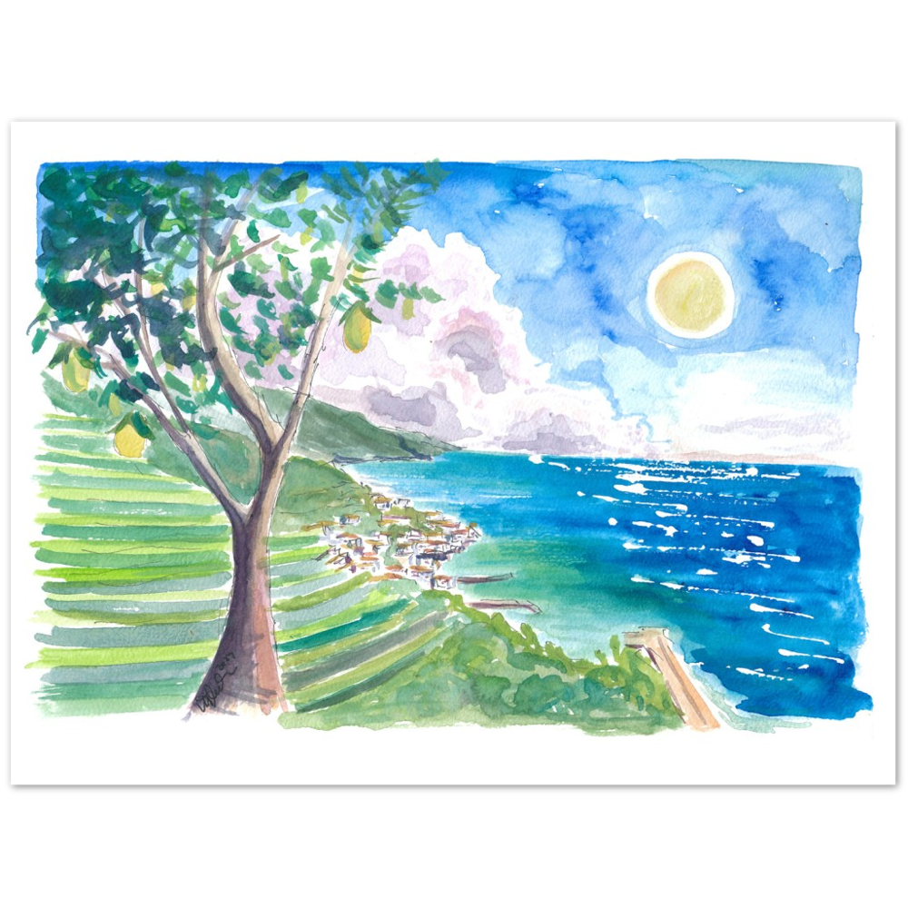 Minori Amalfi Coast with Lemon Tree and Blue Mediterranean - Limited Edition Fine Art Print - Original Painting available
