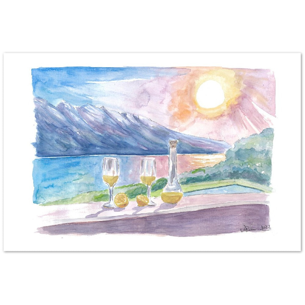 Lake Garda with Limoncello and Incredible view of Mountains and Seashore  - Limited Edition Fine Art Print - Original Painting available