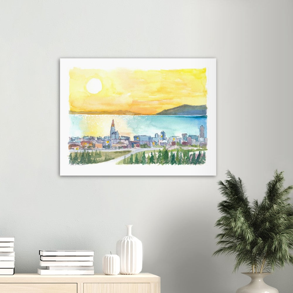 Amazing View of Reykjavik Iceland with Hallgrimskirkja Church and Sea during Sunset - Limited Edition Fine Art Print