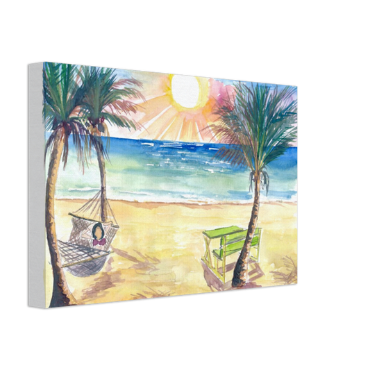 Serene Beach Perfection with Hammock Zen under Palms and Swell - Limited Edition Fine Art Print - Original Painting available