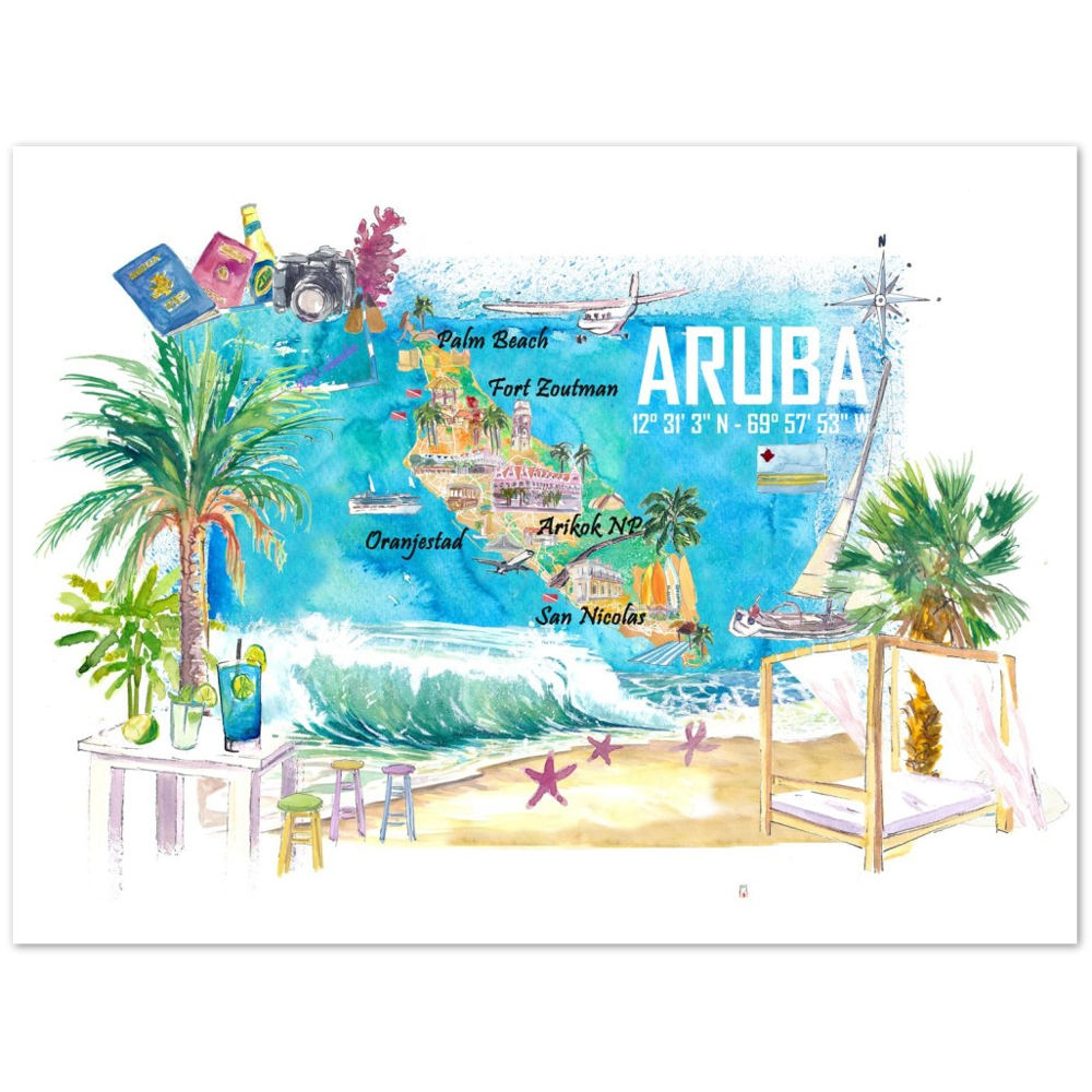 Aruba Dutch Antilles Caribbean Island Illustrated Travel Map with Tourist Highlights