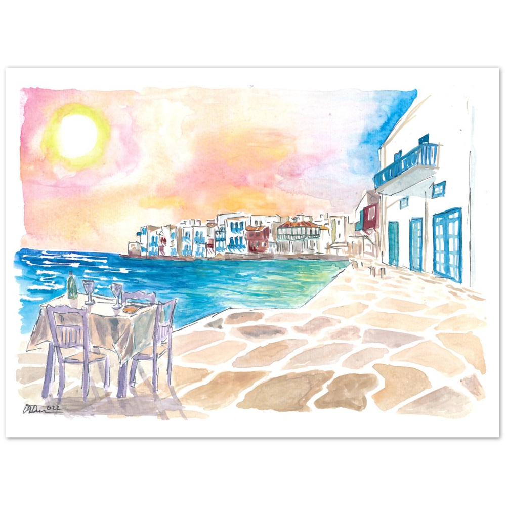 Romantic Sundowner in Picturesque Mykonos Little Venice with Seaview - Limited Edition Fine Art Print - Original Painting available