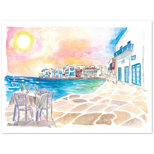 Romantic Sundowner in Picturesque Mykonos Little Venice with Seaview - Limited Edition Fine Art Print - Original Painting available