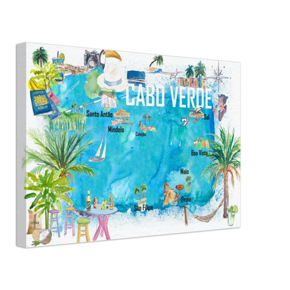 Cabo Verde Illustrated Island Travel Map with Tourist Highlights