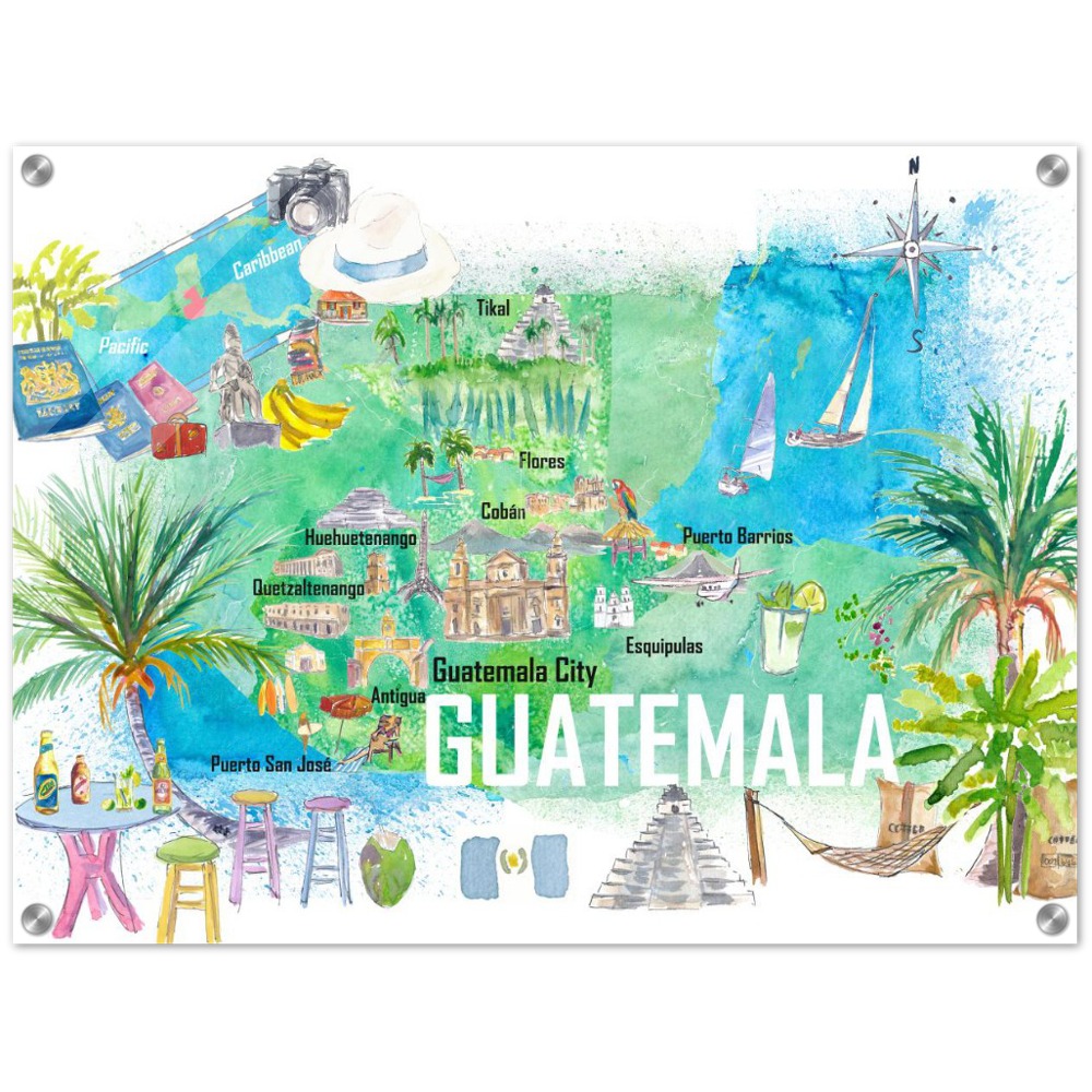 Guatemala Illustrated Travel Map with Roads and Highlights