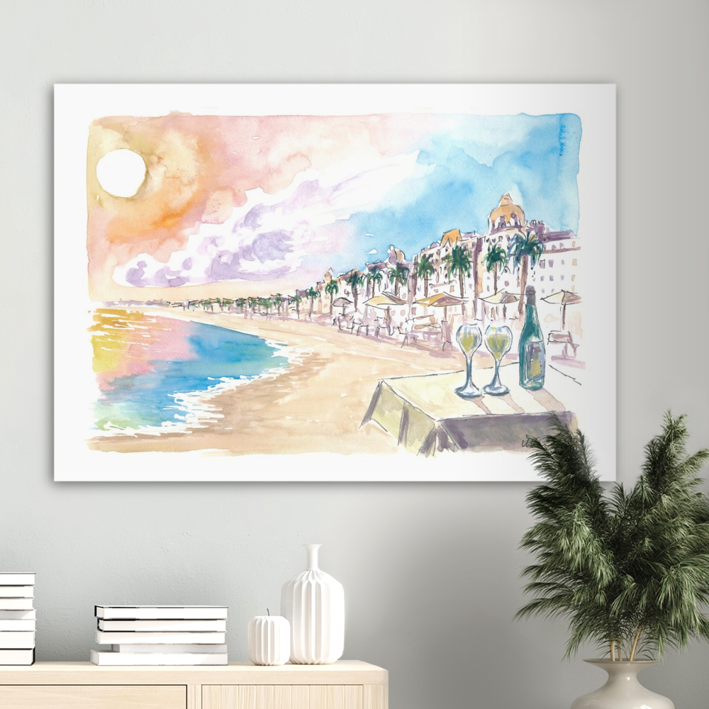 Sunset Dinner at Beach with Promenade Des Anglais Nice France - Limited Edition Fine Art Print - Original Painting available