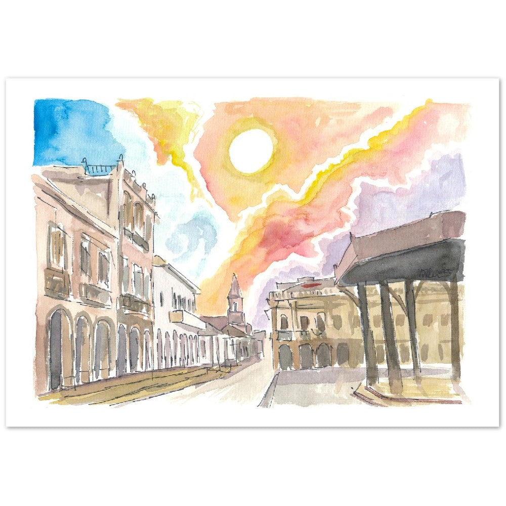 Cuenca Ecuador Historic Street Scene with Sun - Limited Edition Fine Art Print - Original Painting available
