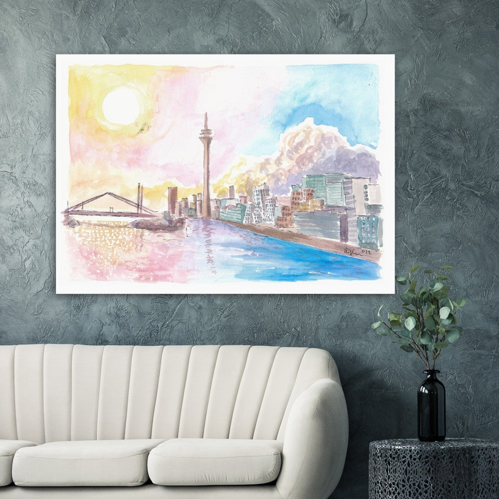 Dusseldorf Skyline with Rhine Bridge and Sunset - Limited Edition Fine Art Print -