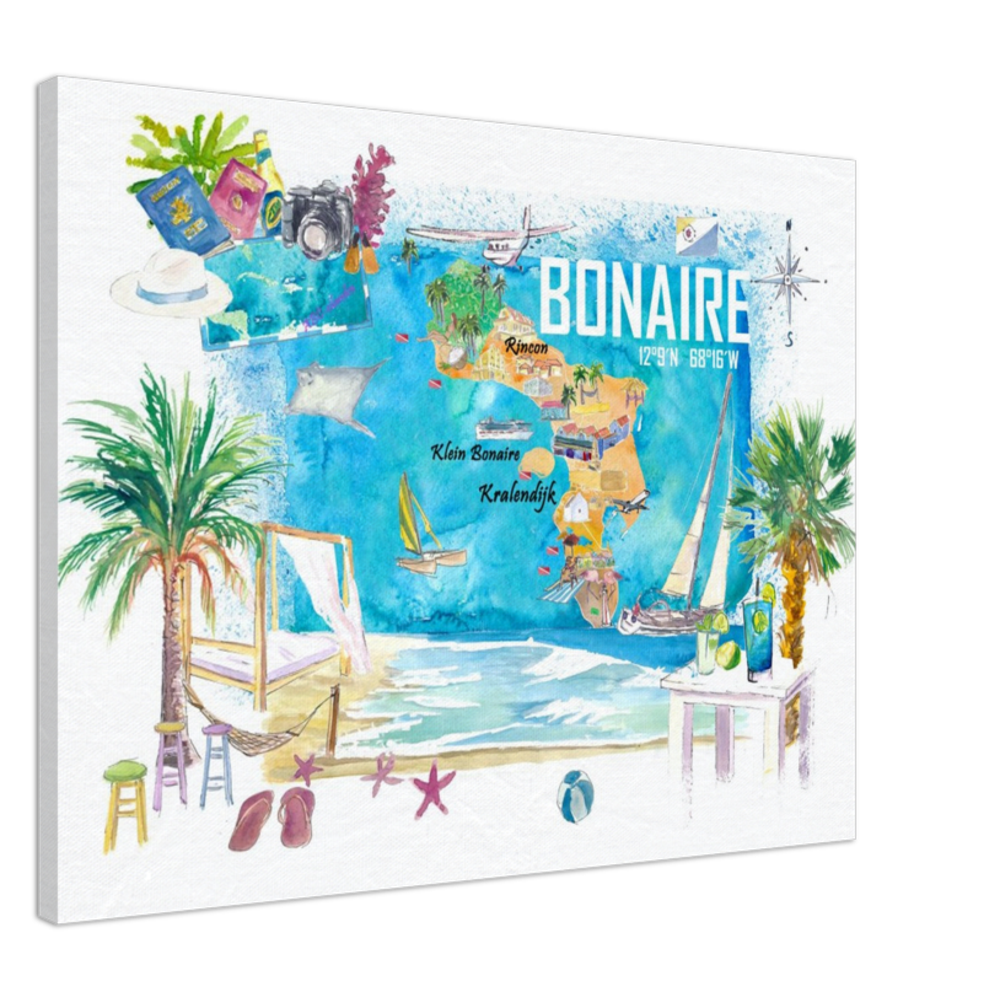 Bonaire Dutch Antilles Caribbean Island Illustrated Travel Map with Tourist Highlights