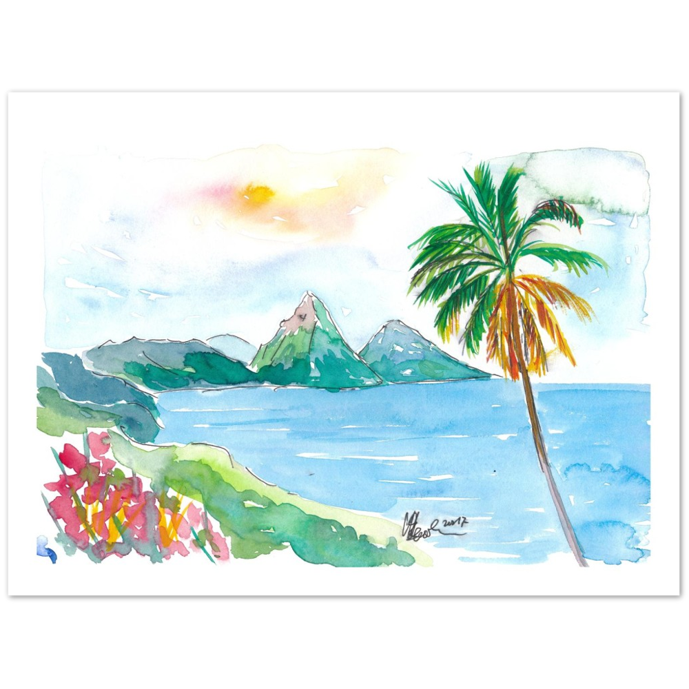 St Lucia Caribbean Dreams With Sunset and Pitons Peaks Painting & Limited Edition Fine Art Print
