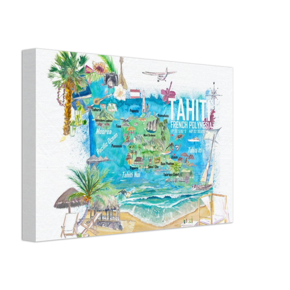 Tahiti Illustrated Travel Map with Roads and Highlights Fine Art Print