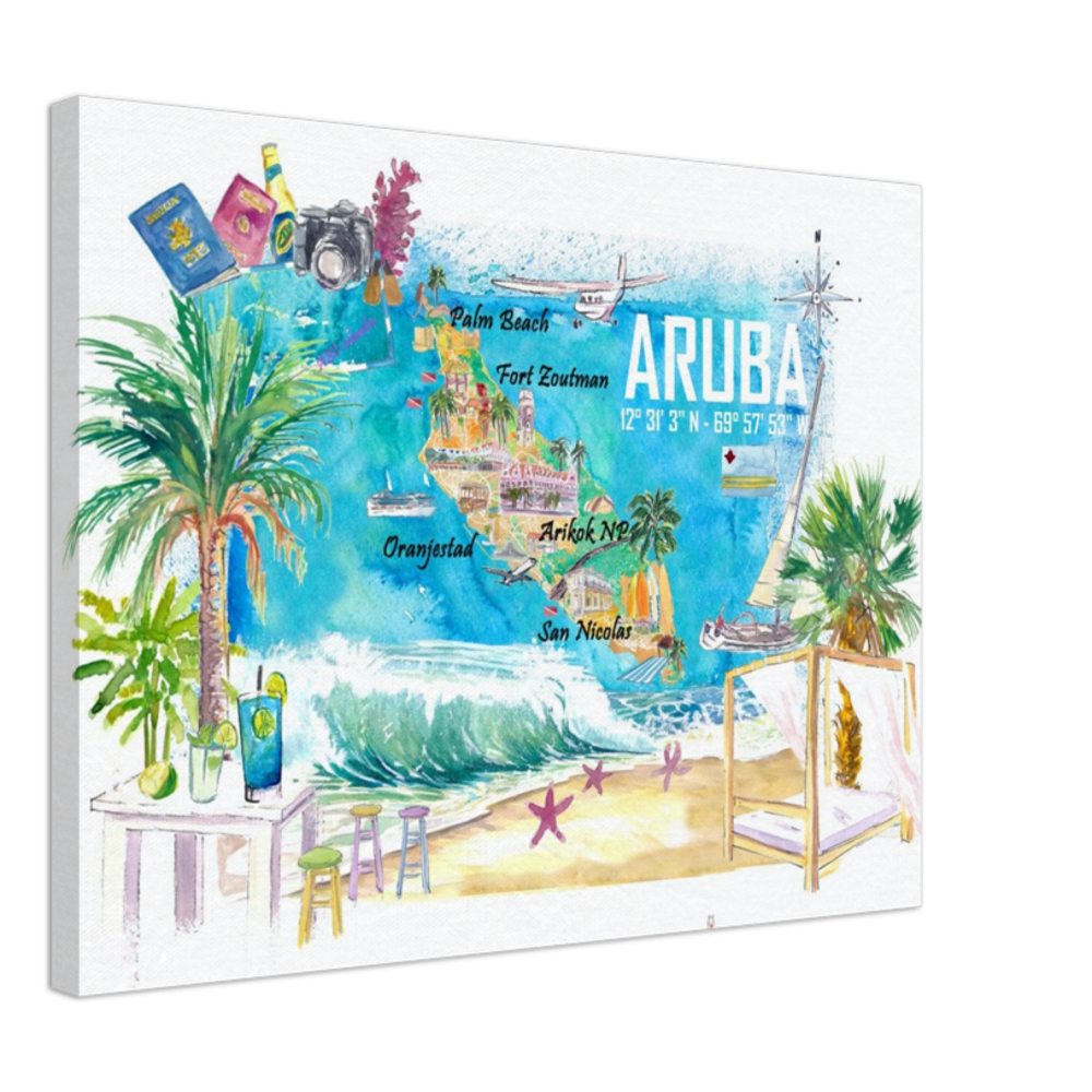 Aruba Dutch Antilles Caribbean Island Illustrated Travel Map with Tourist Highlights