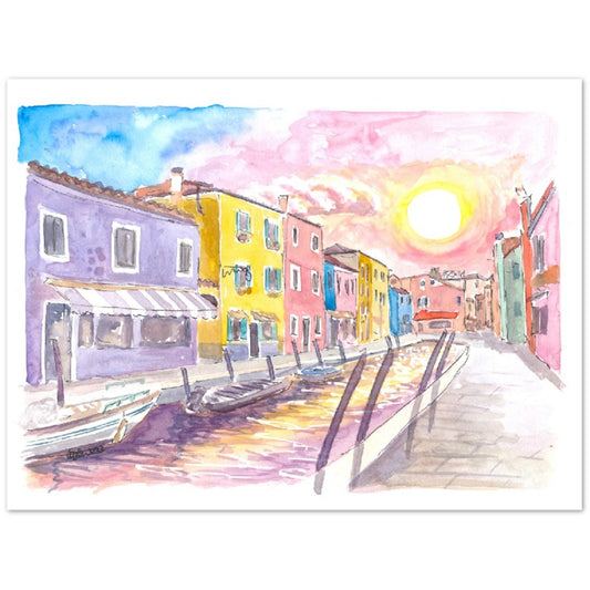 Colorful Burano Canal with Shops and Sun Reflections on Canal - Limited Edition Fine Art Print - Original Painting available