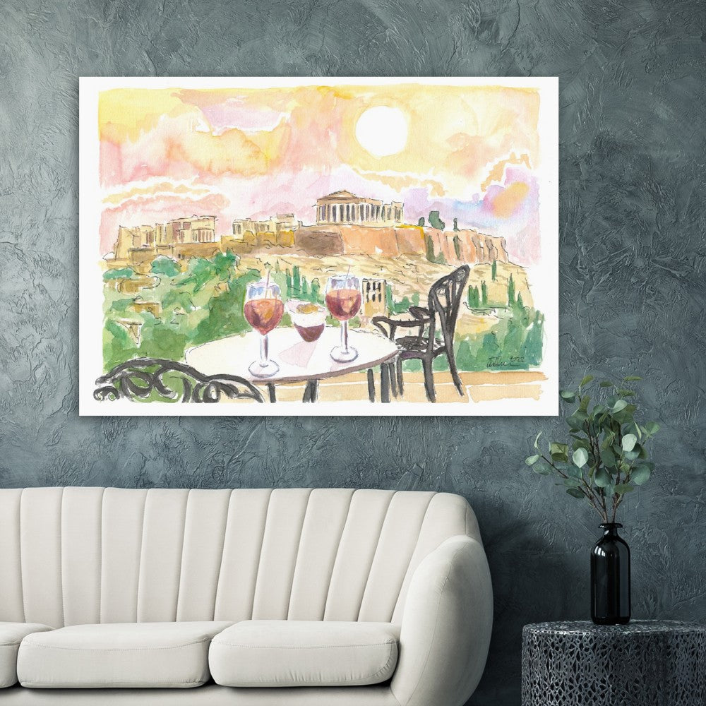 Sunset Romance in Athens Greece with Aperitif and Acropolis View - Limited Edition Fine Art Print - Original Painting available