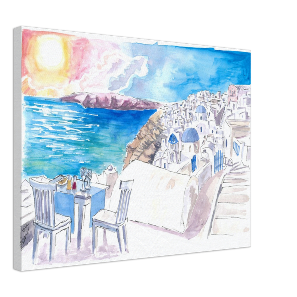 Santorini Sunset View with Rooftop Bar and Fruit Juices - Limited Edition Fine Art Print - Original Painting available
