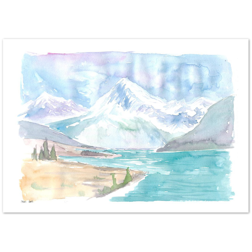 New Zealand Watercolor Landscape with Lake and Mountains