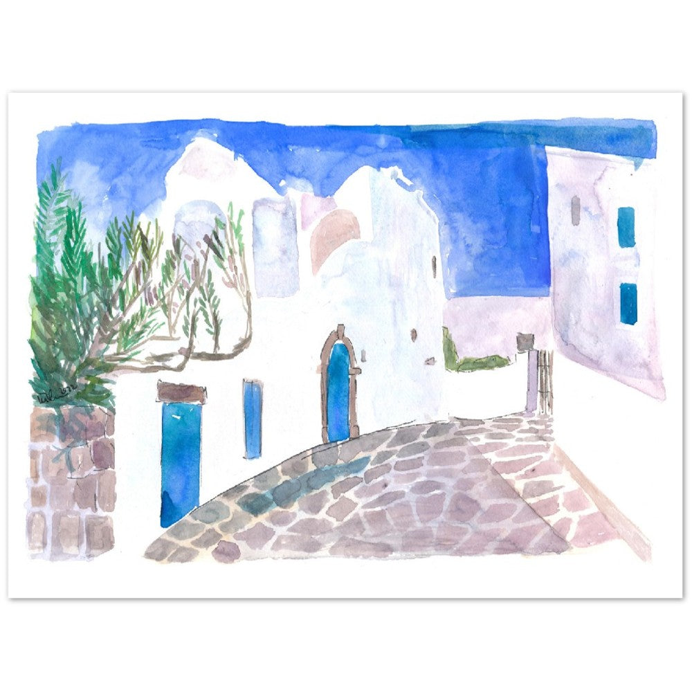 Mediterranean Alley with White Houses and Blue Doors - Limited Edition Fine Art Print - Original Painting available