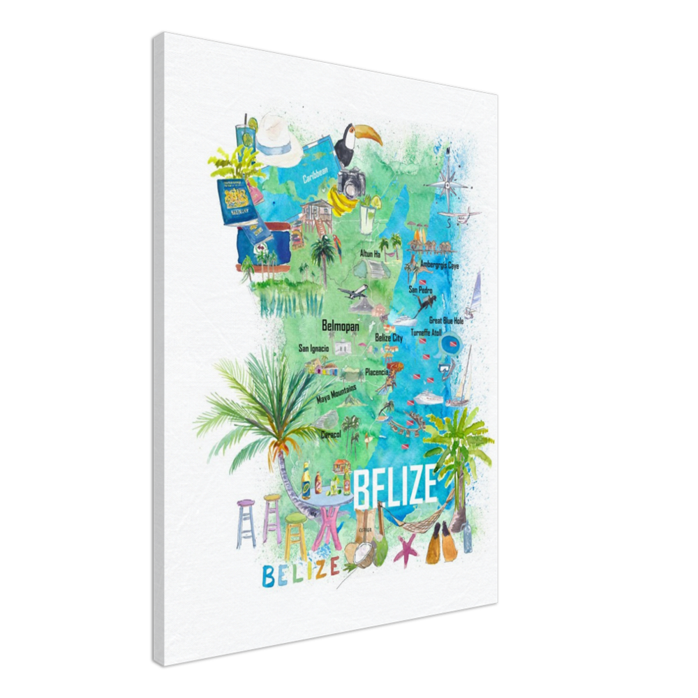 Belize Caribbean Illustrated Travel Map with Roads and Tourist Highlights