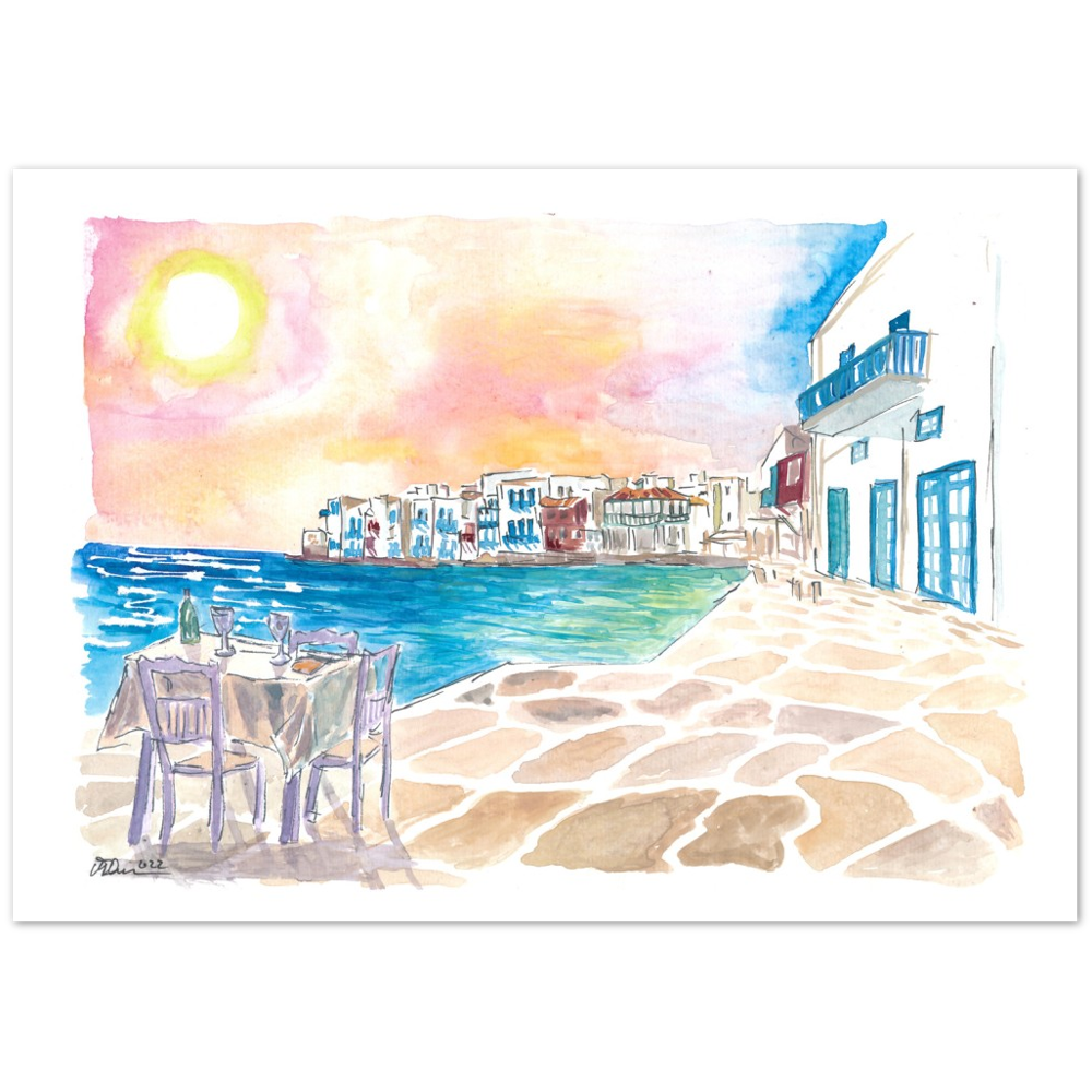 Romantic Sundowner in Picturesque Mykonos Little Venice with Seaview - Limited Edition Fine Art Print - Original Painting available
