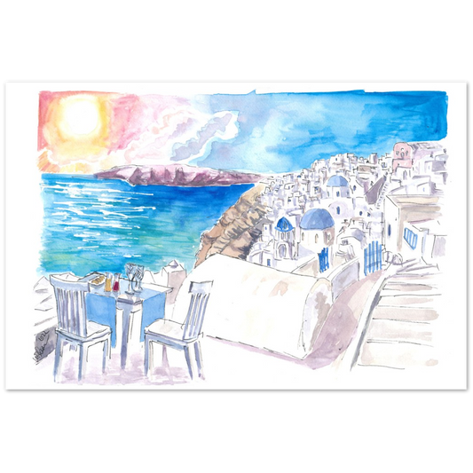 Santorini Sunset View with Rooftop Bar and Fruit Juices - Limited Edition Fine Art Print - Original Painting available