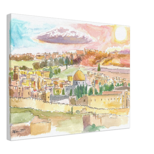 Holy City Jerusalem Cityview with Dome of Rock and Sunset - Limited Edition Fine Art Print - Original Painting available