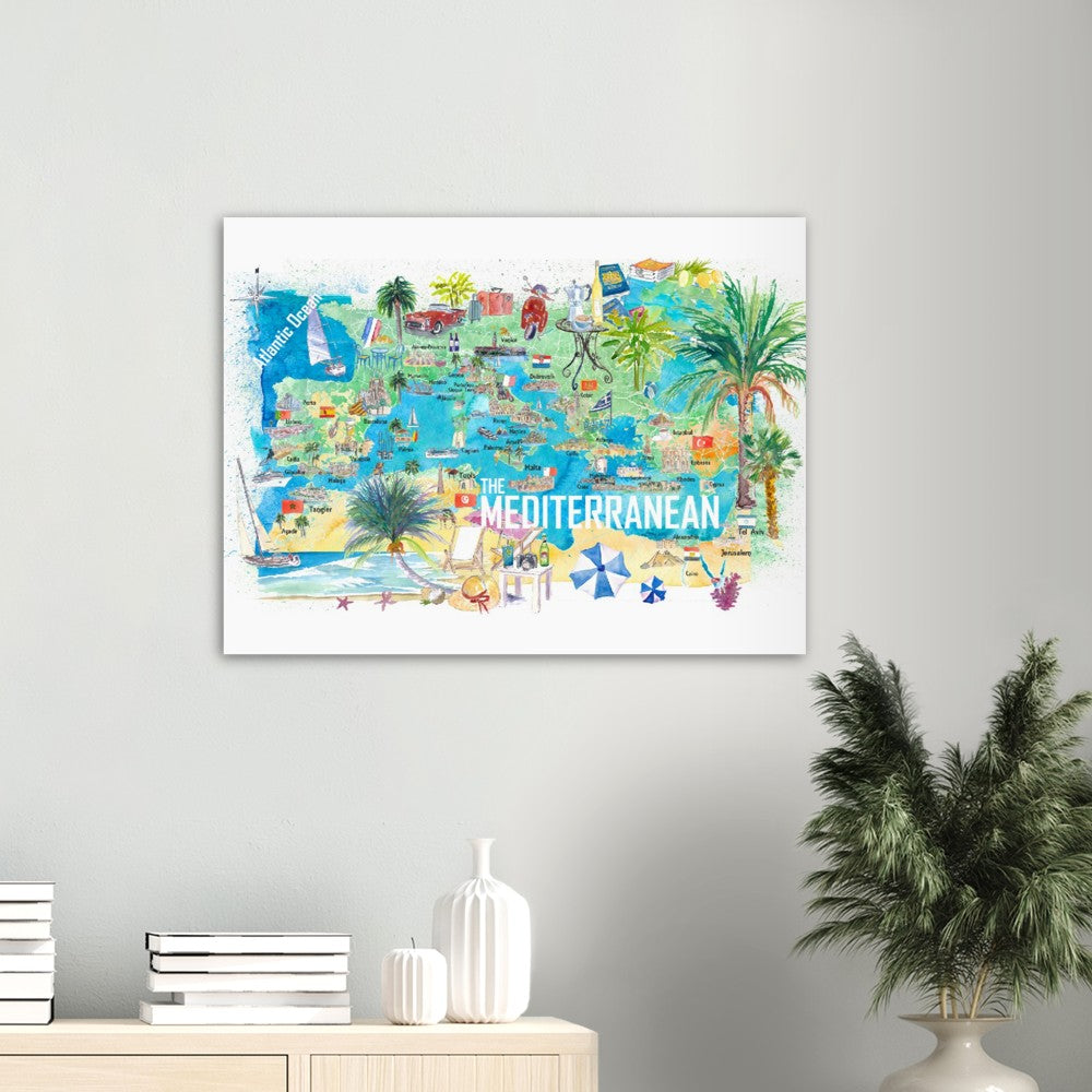 Illustrated Mediterranean Sea Travel Poster Map with Spain Italy Greece Palma Ibiza Fine Art Print