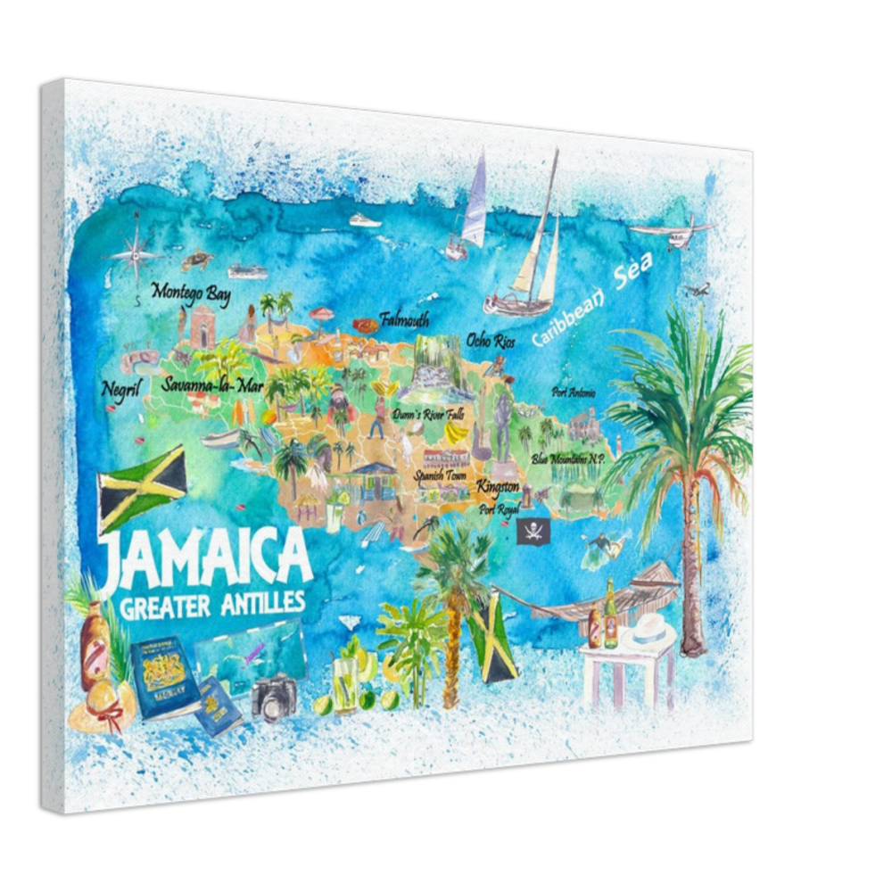 Jamaica Illustrated Travel Map with Roads and Highlights