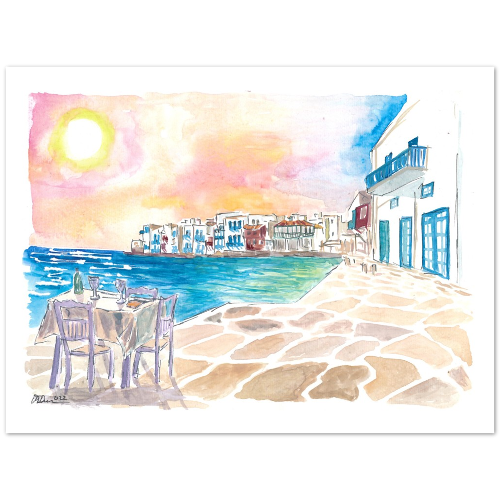 Romantic Sundowner in Picturesque Mykonos Little Venice with Seaview - Limited Edition Fine Art Print - Original Painting available