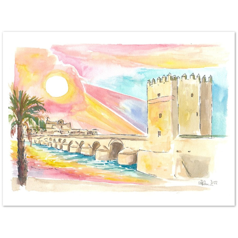 Cordoba Sunset in Andalusia with Historic Roman Bridge - Limited Edition Fine Art Print - Original Painting available