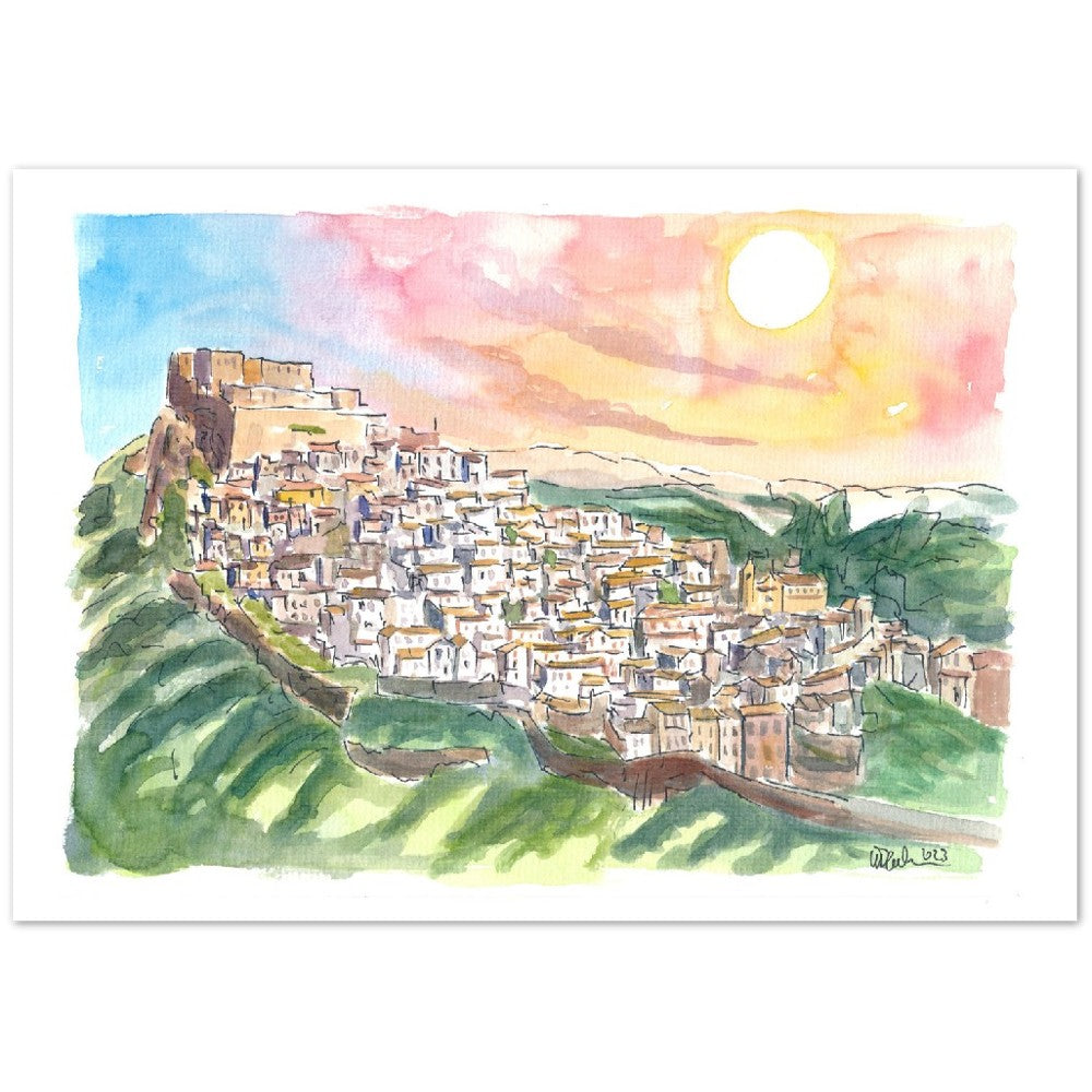 Rocca Imperiale City on Rocks with Hohenstaufen Castle - Limited Edition Fine Art Print - Original Painting available
