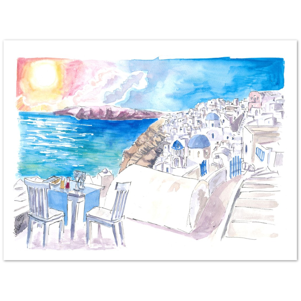 Santorini Sunset View with Rooftop Bar and Fruit Juices - Limited Edition Fine Art Print - Original Painting available