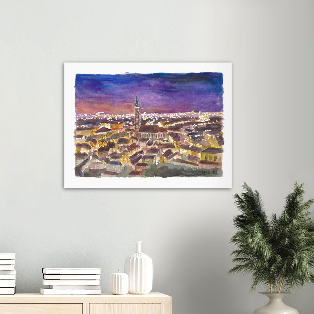 Landshut Night View of Saint Martin Basilica with City Lights - Limited Edition Fine Art Print - Original Painting available