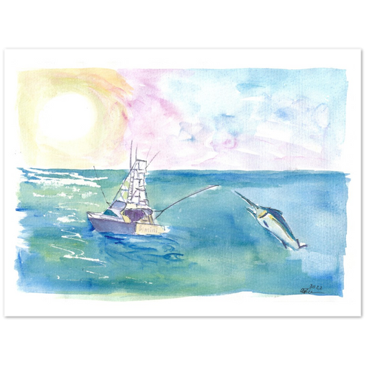 Gone Caribbean Fishing With Yacht and Marlin  - Limited Edition Fine Art Print - Original Painting available