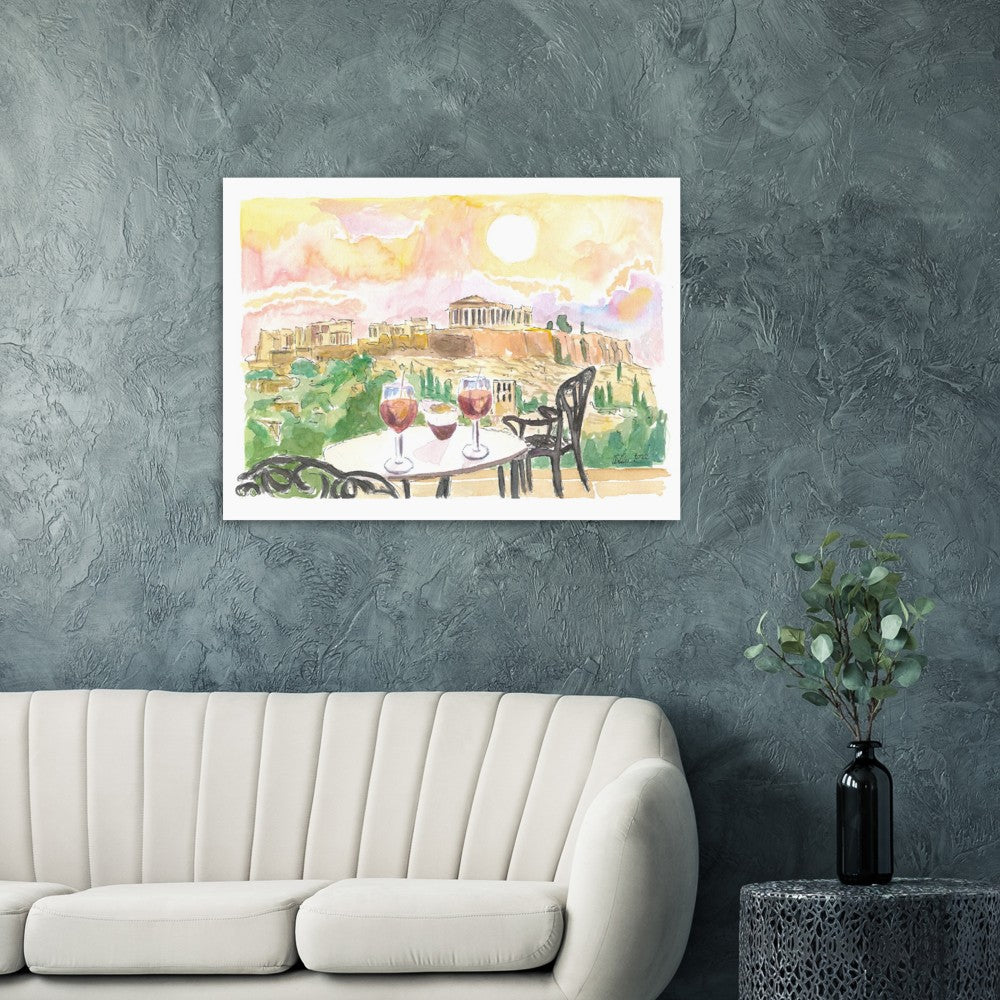 Sunset Romance in Athens Greece with Aperitif and Acropolis View - Limited Edition Fine Art Print - Original Painting available
