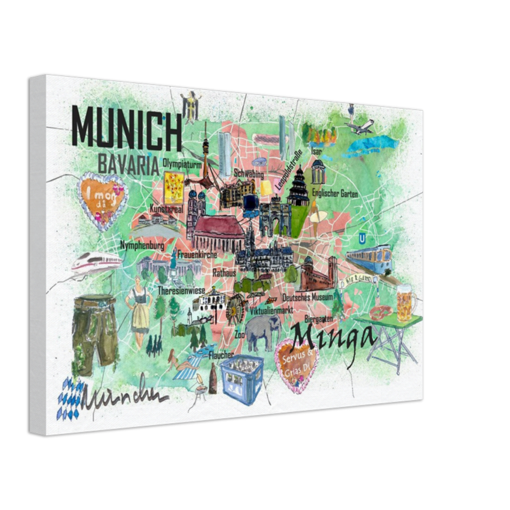 Munich Bavaria Germany Illustrated Travel Map with Roads and Tourist Highlights