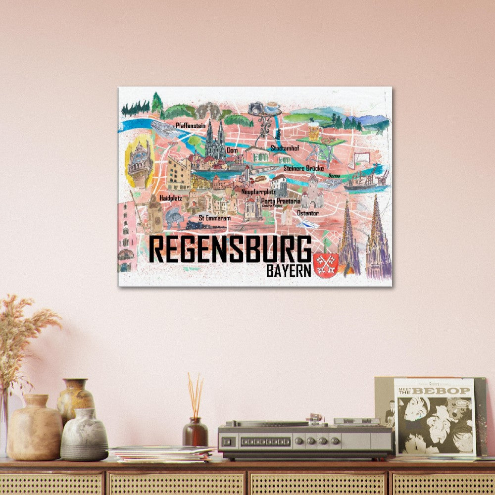 Regensburg Illustrated Favorite Map with roads and Touristic Highlights