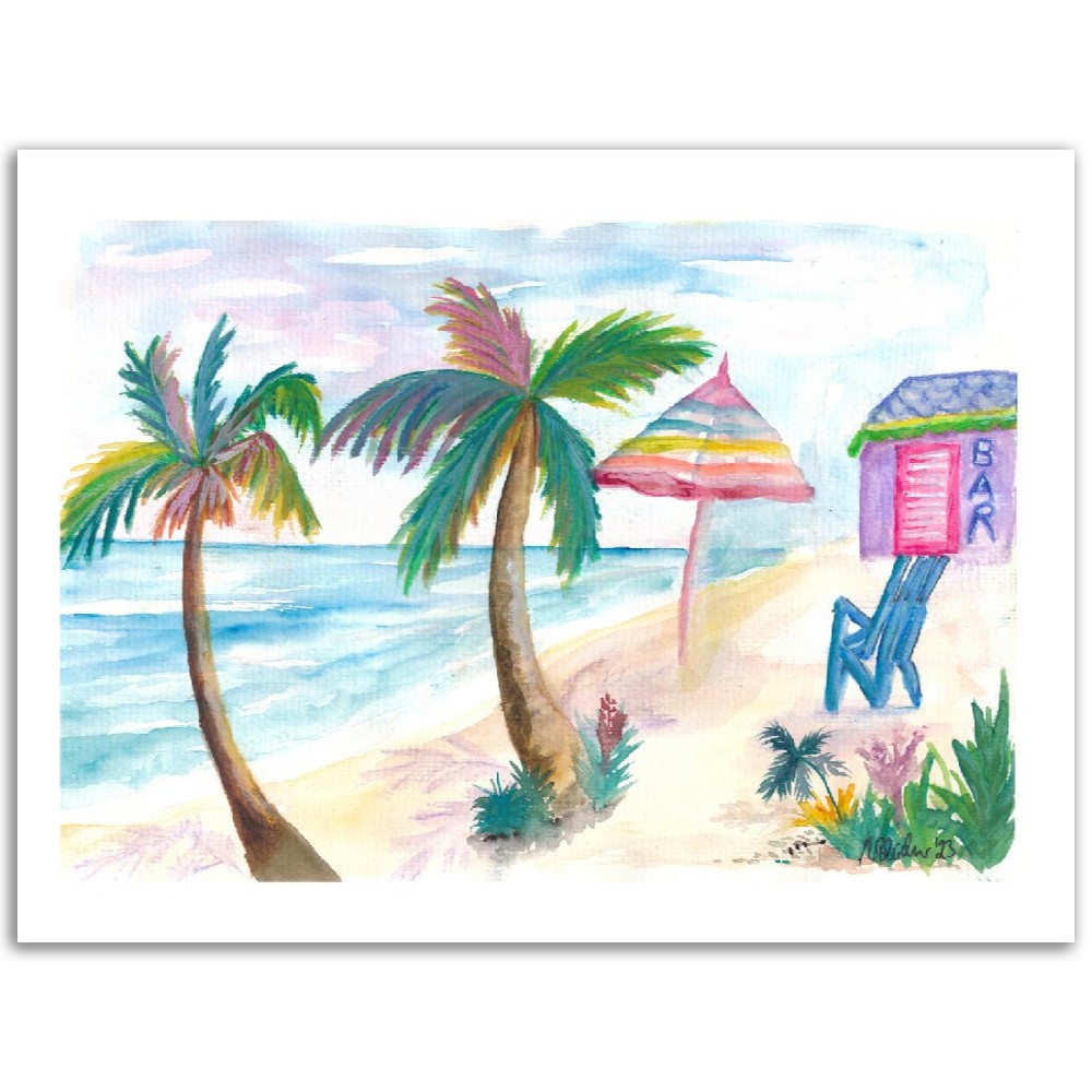 Bahamas Beach Bar with Rainbow Umbrella and Seaview - Limited Edition Fine Art Print - Original Painting available