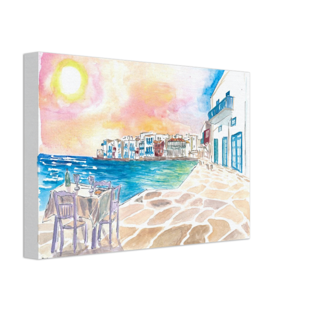 Romantic Sundowner in Picturesque Mykonos Little Venice with Seaview - Limited Edition Fine Art Print - Original Painting available