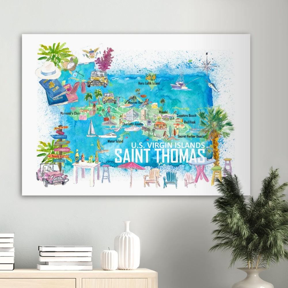 Saint Thomas USVI Illustrated Travel Map with Roads and Tourist Highlights