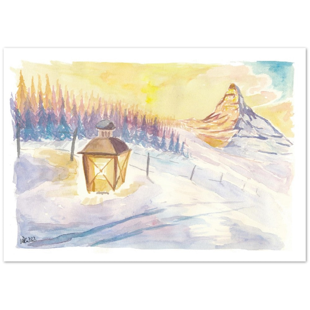 Swiss Alpine Winter Dreams with Matterhorn Mountain and Lantern in Snow - Limited Edition Fine Art Print - Original Painting available