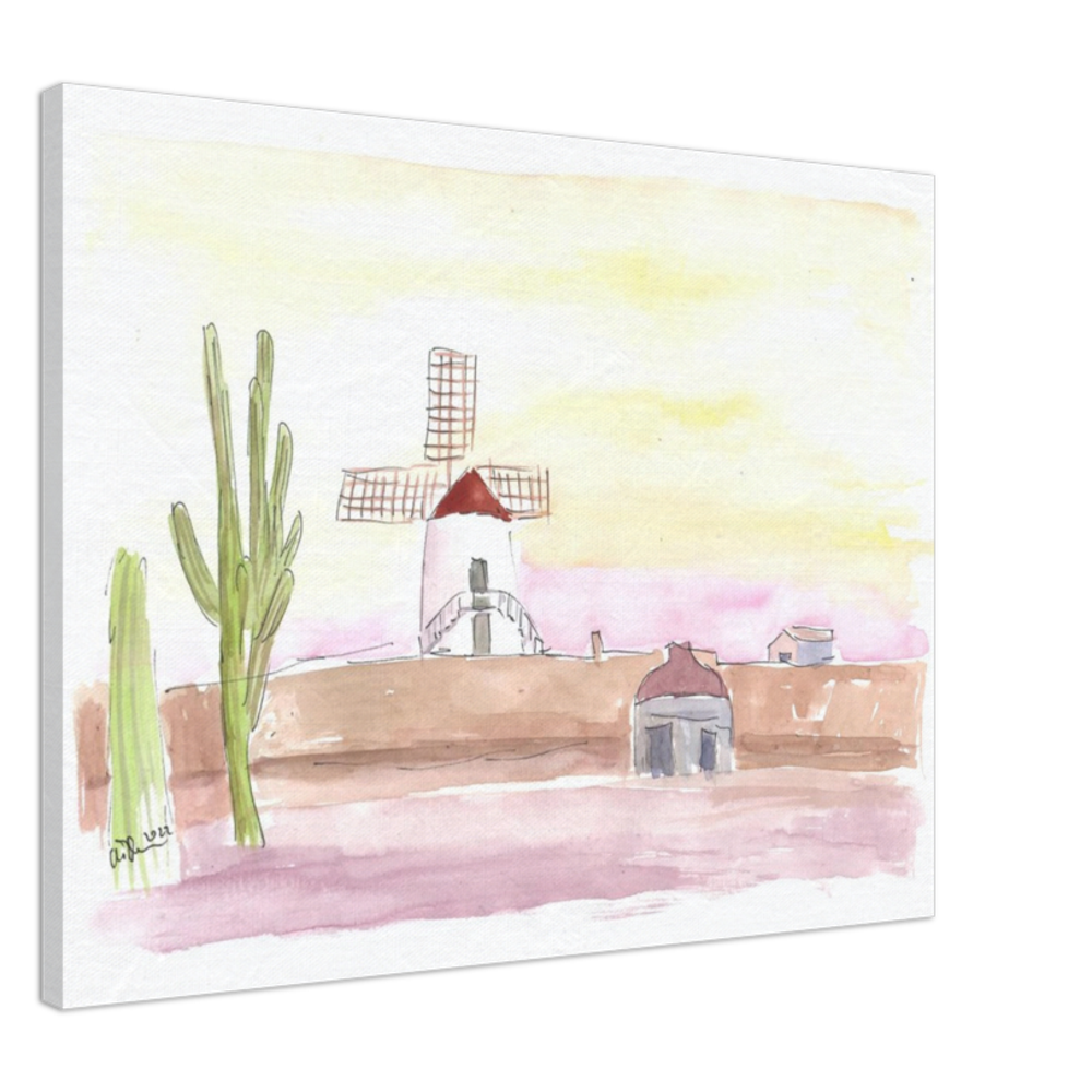 Lanzarote Canary Island Landscape with Windmill and Cacti - Limited Edition Fine Art Print - Original Painting available