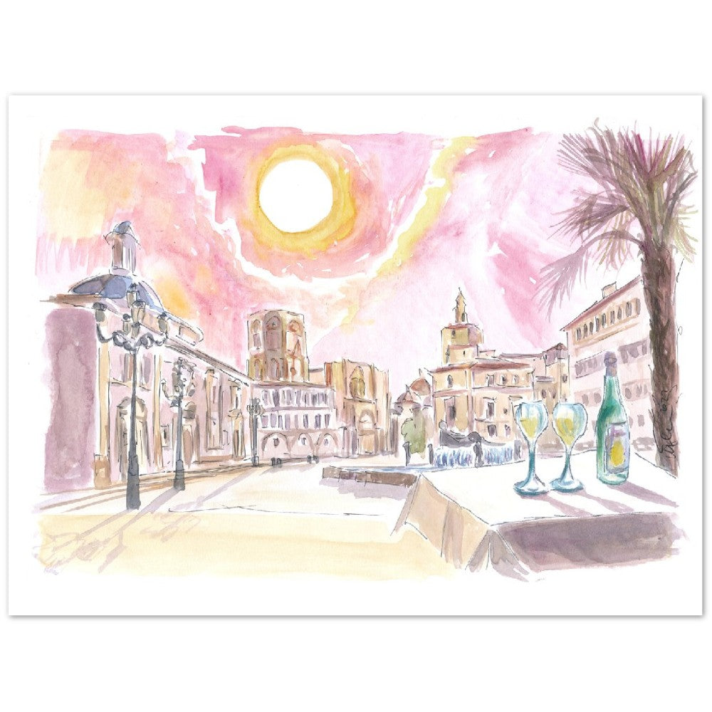 Valencia Spain with Plaza de la Virgen and Fountain - Limited Edition Fine Art Print - Original Painting available