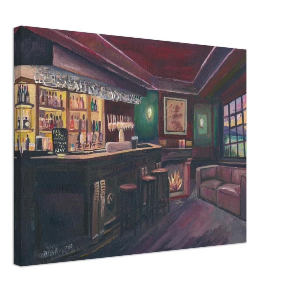 Pub Evening with Bar and Fireplace in Lonely Scottish Highlands - Fine Art Print Giclee - Original available