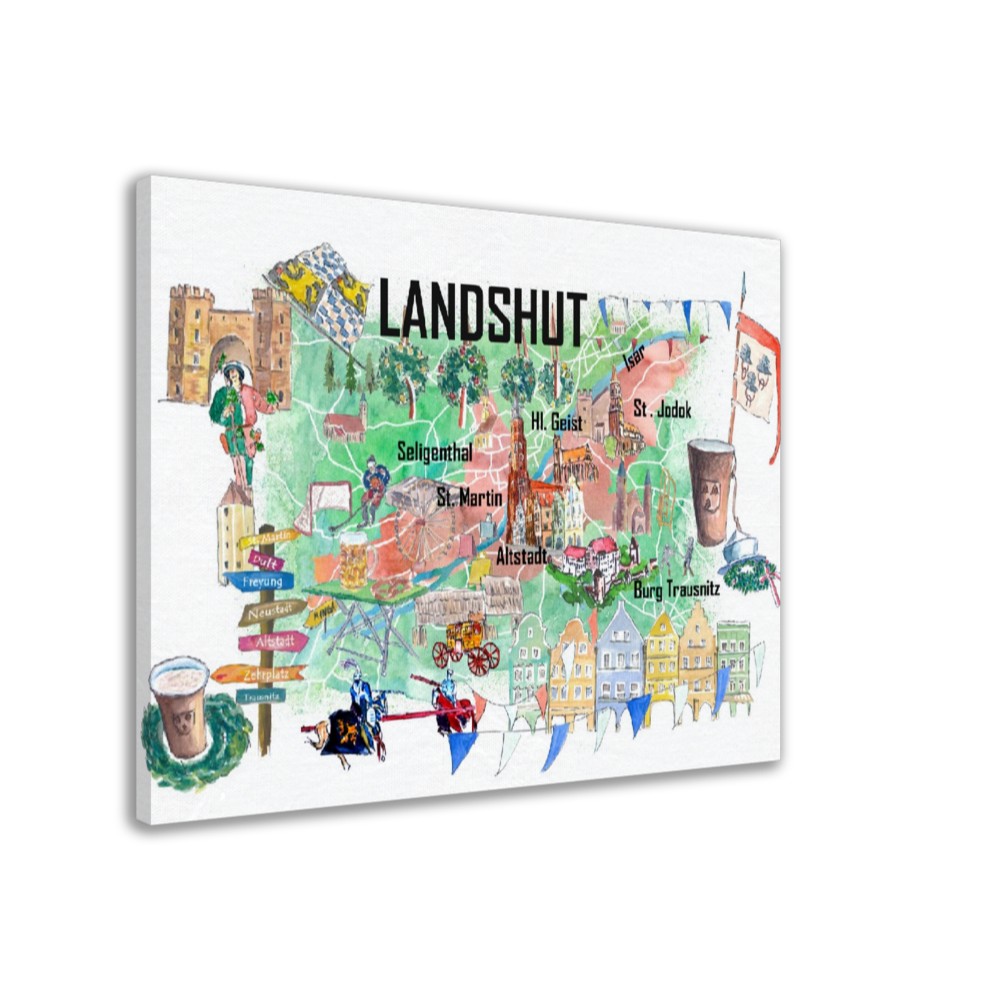 Landshut Illustrated Favorite Map with roads and Touristic Highlights