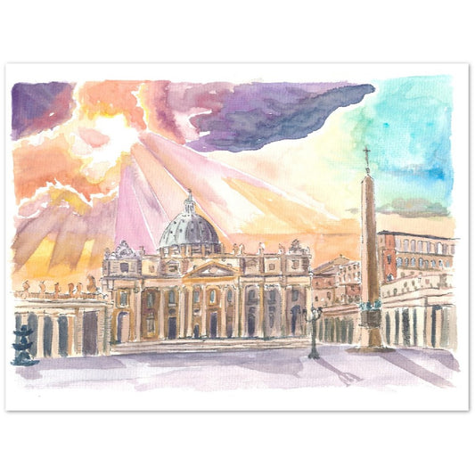 Rome Saint Peter&#39;s Illuminated through Sunrays from Gorgeous Skies - Limited Edition Fine Art Print - Original Painting available