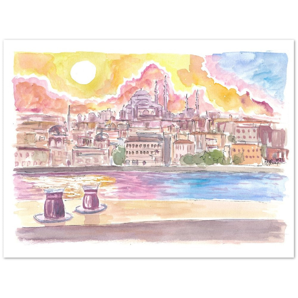 Istanbul Turkey Amazing City View with Skyline and Tea - Limited Edition Fine Art Print - Original Painting available