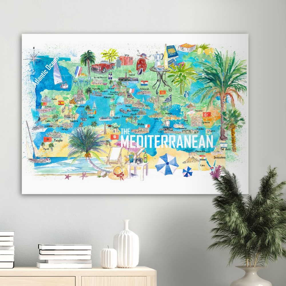Illustrated Mediterranean Sea Travel Poster Map with Spain Italy Greece Palma Ibiza Fine Art Print