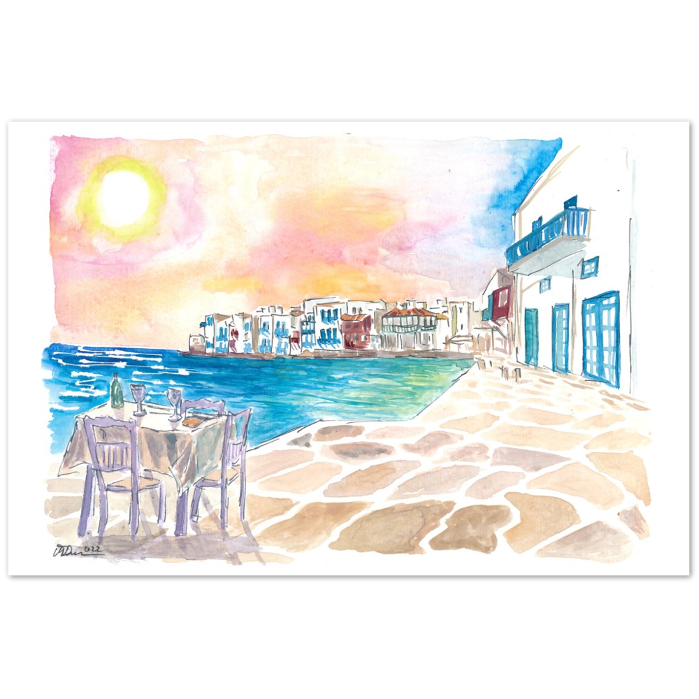 Romantic Sundowner in Picturesque Mykonos Little Venice with Seaview - Limited Edition Fine Art Print - Original Painting available