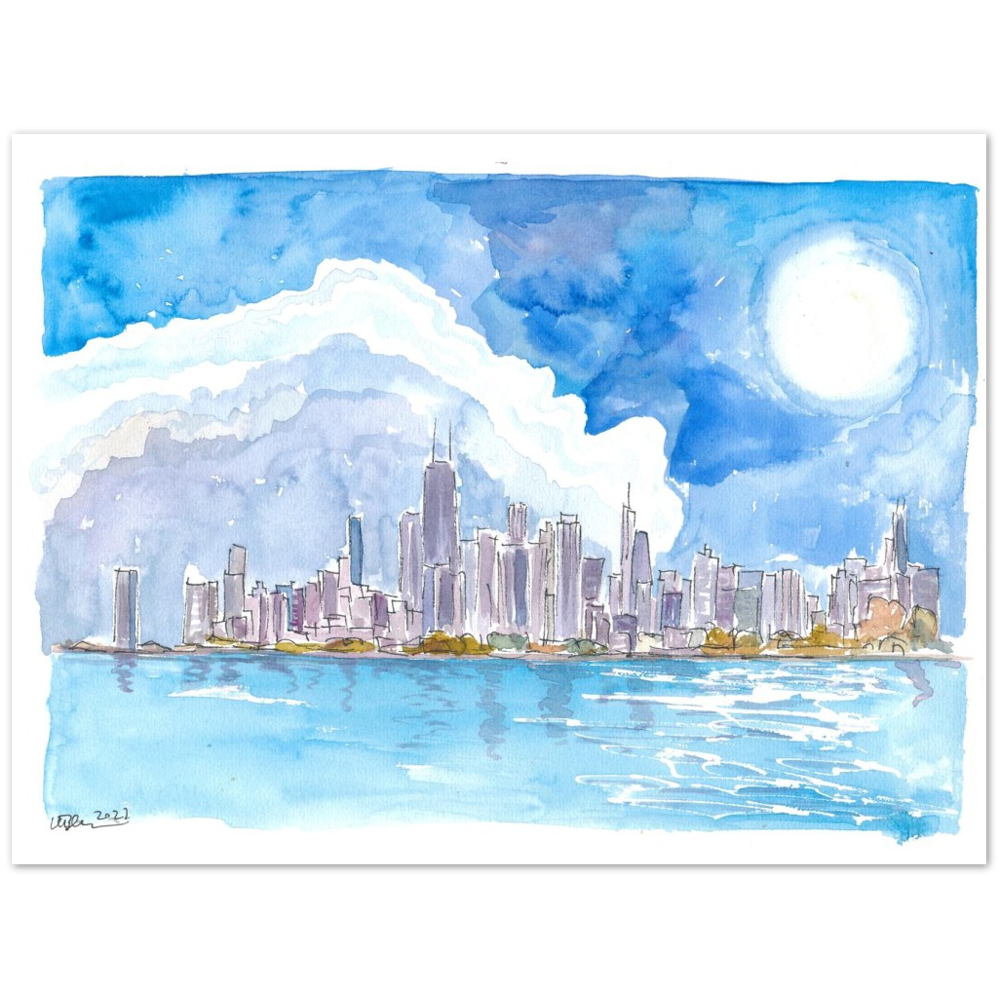 Chicago Skyline Impressions with Lake Michigan and Water Reflections - Limited Edition Fine Art Print - Original Painting available
