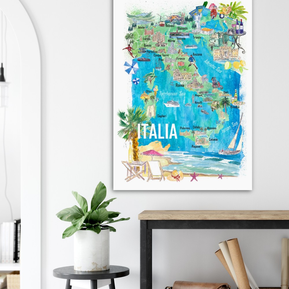 Italy Illustrated Travel Map Mediterranean Adriatic Sicily Sardegna with Roads and Tourist Highlights